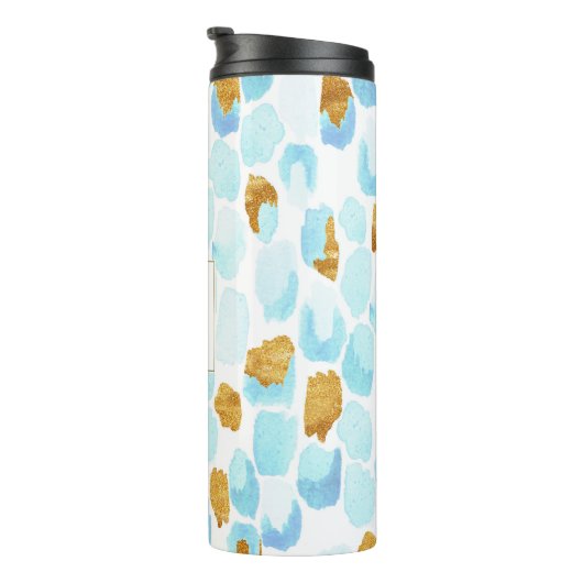 Stippen monogram blauwe en goudkleurige Waterverf Thermosbeker (Geroteerd rechts)