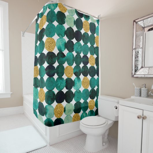 Stippen patroon - smaragd en goudglitter douchegordijn (In situ)