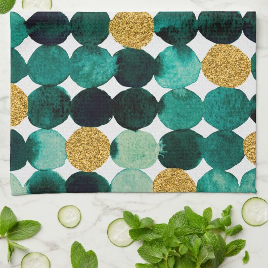 Stippen patroon - smaragd en goudglitter theedoek (Gevouwen)