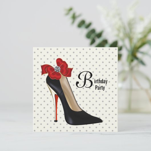 Stippen Rode Zwarte Hoge Hak Sandaaltje Verjaardag Kaart (Staand voorkant)