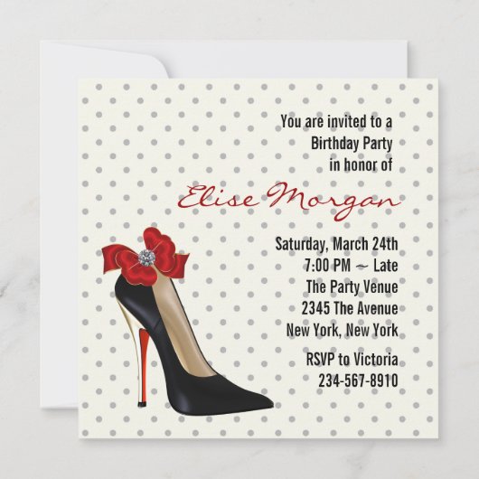 Stippen Rode Zwarte Hoge Hak Sandaaltje Verjaardag Kaart (Achterkant)