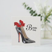 Stippen Rode Zwarte Hoge Hak Schoen Verjaardagsfee Kaart (Staand voorkant)
