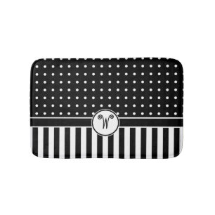 Stippen Stripes Monogram Black White Bath Badmat