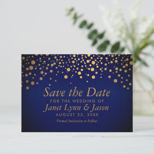 Stippen van goudConfetti | Donkerblauw Save The Date (Staand voorkant)