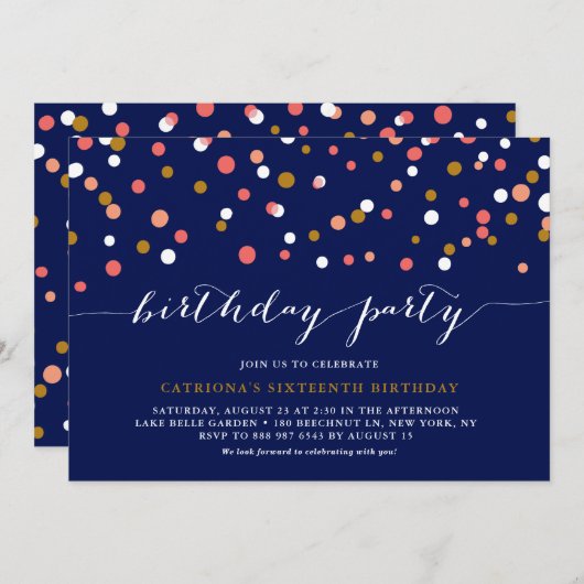 Stippen van koraal en goudConfetti Blauwe verjaard Kaart (Voorkant / Achterkant)