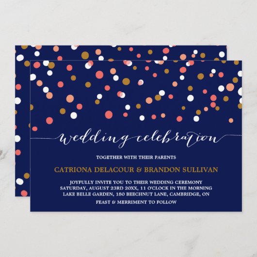 Stippen van koraal en goudConfetti | Navy Wedding  Kaart (Voorkant / Achterkant)