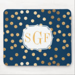 Stippen van Navy Blue en Gold Glitter Monogramed Muismat<br><div class="desc">Moderne en ontrendmatige stippen faux goudglitter sparkle op deze klassieke navy blue mousepad met een aangepast drielettermonogram.</div>