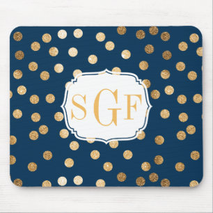 Stippen van Navy Blue en Gold Glitter Monogramed Muismat