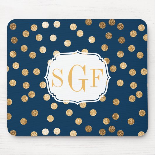 Stippen van Navy Blue en Gold Glitter Monogramed Muismat (Voorkant)