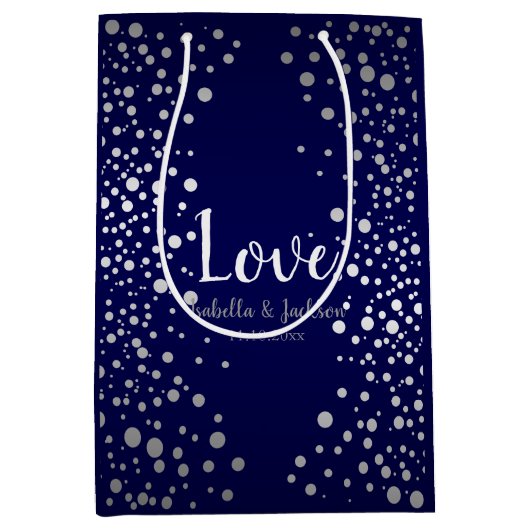 Stippen van Navy Blue en Silver Confetti Medium Cadeauzakje (Voorkant)