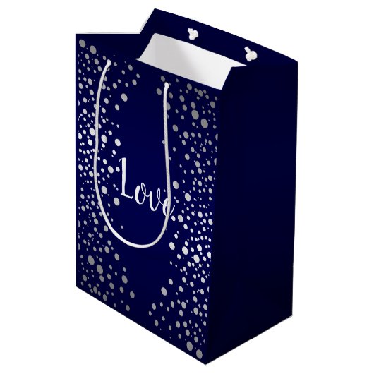 Stippen van Navy Blue en Silver Confetti Medium Cadeauzakje (Achterkant Gekanteld)