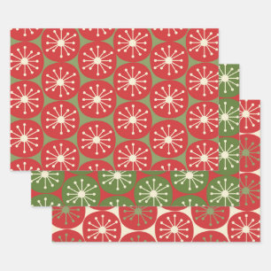 Stippen voor atoomtijdperk in kerstgroen rood crèm inpakpapier vel