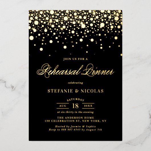 Stippen voor zwarte en goudConfetti Folie Uitnodiging (Voorkant)