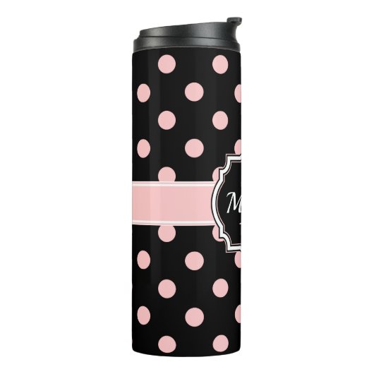 Stippen zwart/roze thermosbeker (Gedraaid links)