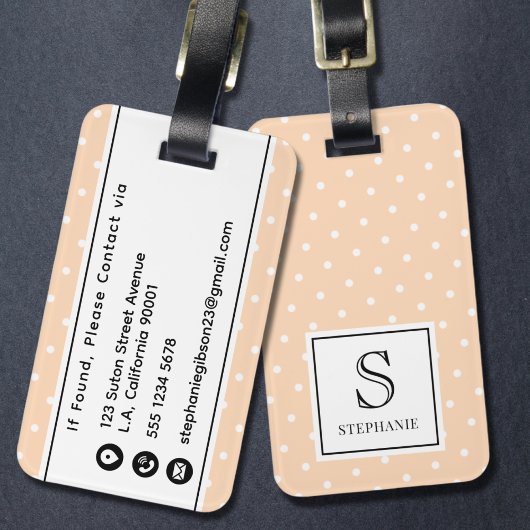 Stippenpatroon Monogram en naam perzikdons Bagagelabel