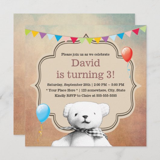  Stipple Teddy Bear Birthday Kaart (Voorkant / Achterkant)