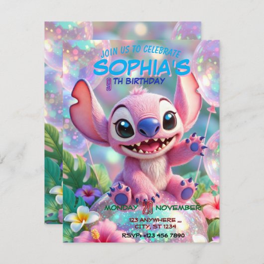 Stitch Birthday Invitation Template Kaart (Voorkant / Achterkant)