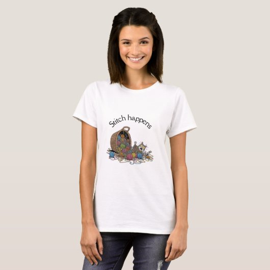 Stitch Happens - Grappige kat & garen haken T-shirt (Voorkant volledig)