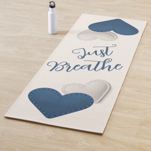 Stitched Blue / Ivory Hearts "Just Breath" Yogamat (In situ)