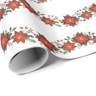 Stitched-effect poinsettia's en holly slingers cadeaupapier