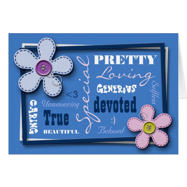 Stitched Flowers Blue Love & Appreciation Kaart (Voorkant Horizontaal)