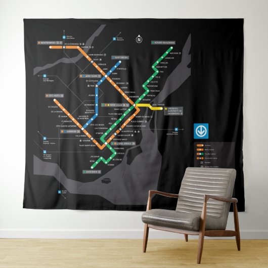 STM Montreal Metro Subway Map zwarte achtergrond H Wandkleed (In Situ (horizontaal))