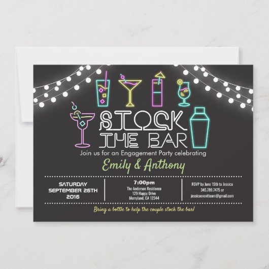 Stock de bar uitnodiging neon verlovingsfeest (Voorkant)
