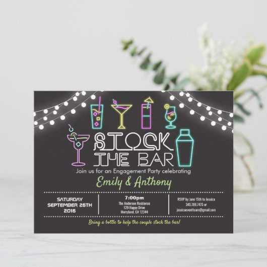Stock de bar uitnodiging neon verlovingsfeest (Staand voorkant)
