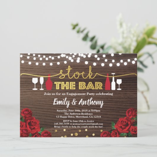 Stock de bar uitnodiging Rode roos rustiek hout (Staand voorkant)