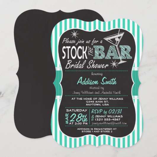 Stock de Bar Vrijgezellenfeest; Aqua Stripes Kaart (Voorkant / Achterkant)