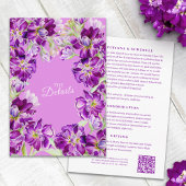 Stock paarse bloemen bruiloft details met QR-code Informatiekaartje