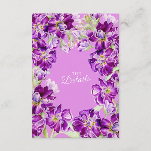 Stock paarse bloemen bruiloft details met QR-code Informatiekaartje (Voorkant)