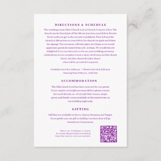Stock paarse bloemen bruiloft details met QR-code Informatiekaartje (Achterkant)