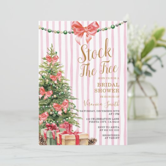 Stock The Tree Christmas Pink Bow Bridal Shower Kaart (Staand voorkant)