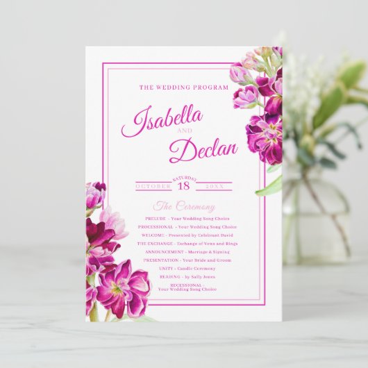 Stockbloemen roze waterverf trouwprogramma programmakaart (Staand voorkant)