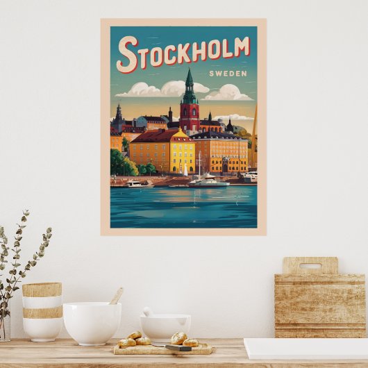 stockholm sweden travel vintage waterfront gifts poster (Keuken)