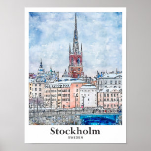 Stockholm Zweden Reizen Waterverf Hand getekend Poster