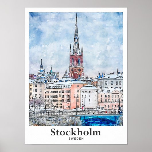 Stockholm Zweden Reizen Waterverf Hand getekend Poster (Voorkant)