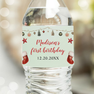 Stocking Christmas 1st Verjaardagsfeest Waterfles Etiket