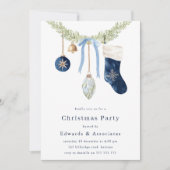 Stocking & Wreath Modern Blue Christmas Party Kaart (Voorkant)