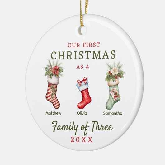 Stockings familie van drie eerste kerstdagen keramisch ornament (Links)