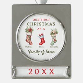 Stockings familie van drie eerste kerstdagen verzilverd banner ornament