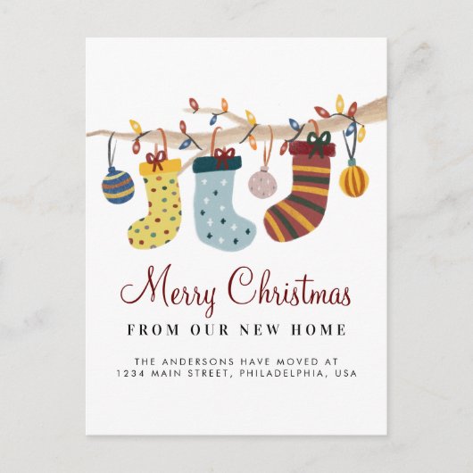 Stockings Merry Kerstmis New Home Holiday Moving Aankondigingskaart (Voorkant)