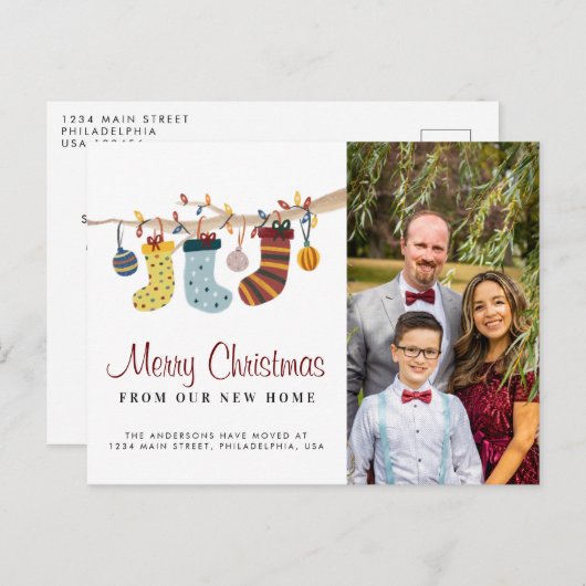 Stockings Merry Kerstmis New Home Photo Moving Aankondigingskaart (Voorkant / Achterkant)