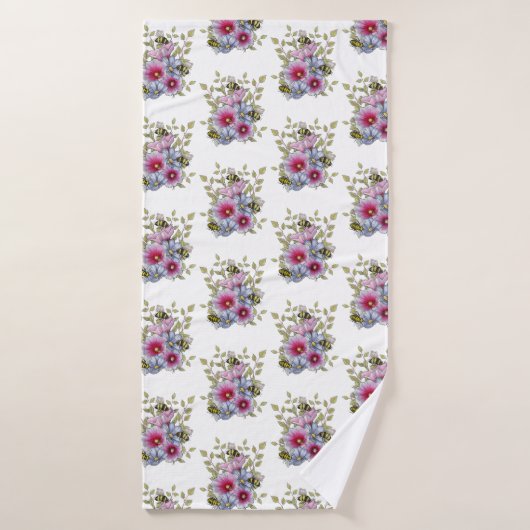 Stockrozen en Blauwe Bloemen met Hommels Badhanddoek (Badhanddoek)