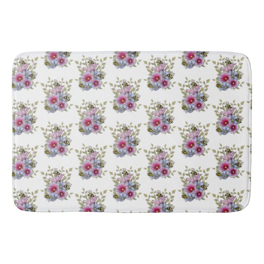 Stockrozen en Blauwe Bloemen met Hommels Badmat (Voorkant)