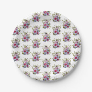 Stockrozen en blauwe bloemen met hommels papieren bordje