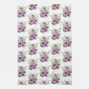 Stockrozen en Blauwe Bloemen met Hommels Theedoek