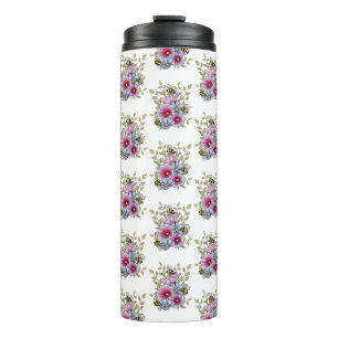 Stockrozen en blauwe bloemen met hommels thermosbeker