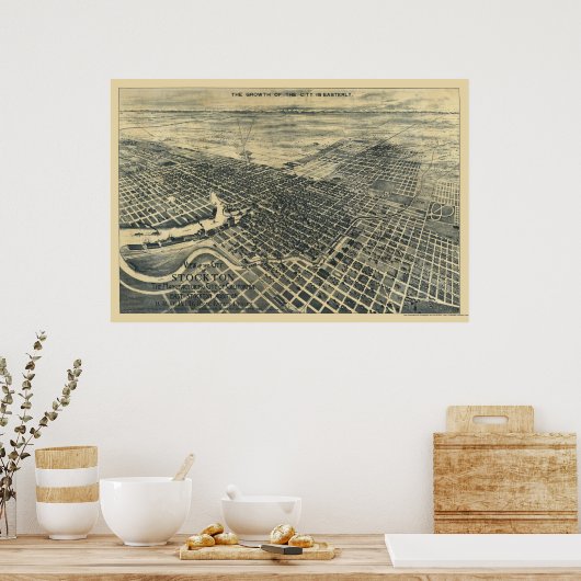 Stockton, CA Panoramic Map - 1895 Poster (Keuken)
